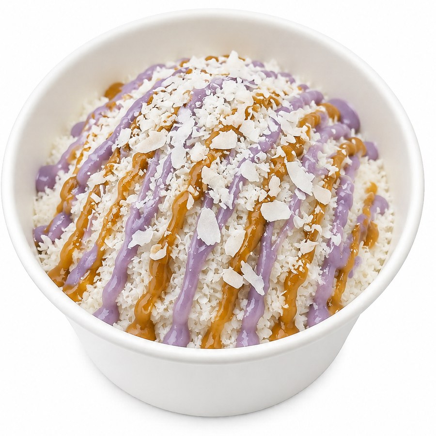 Amethyst Veil — cultured greek snow with saffron miso, passionfruit-ube shell and coconut