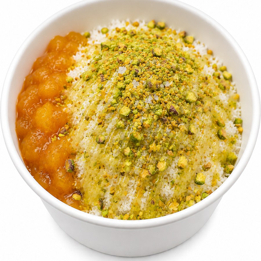 Golden Halo — cultured greek snow with apricot compote, pistachio dust and bee pollen