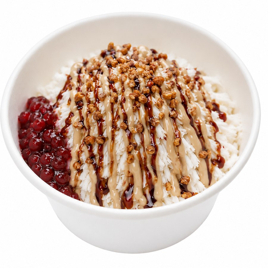 Ruby Dune — cultured greek snow with lingonberry compote, tahini and salted caramel crunch